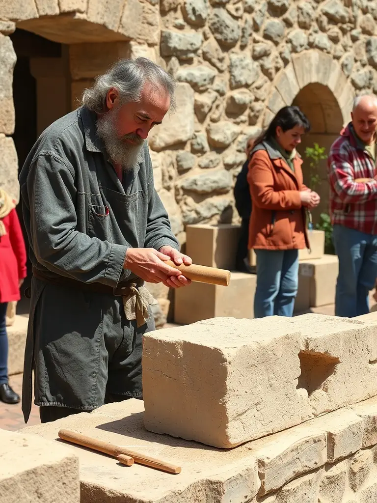 A photograph capturing a stonemason demonstrating traditional techniques at a heritage day event in Masgot, showcasing the preservation of local craftsmanship.
