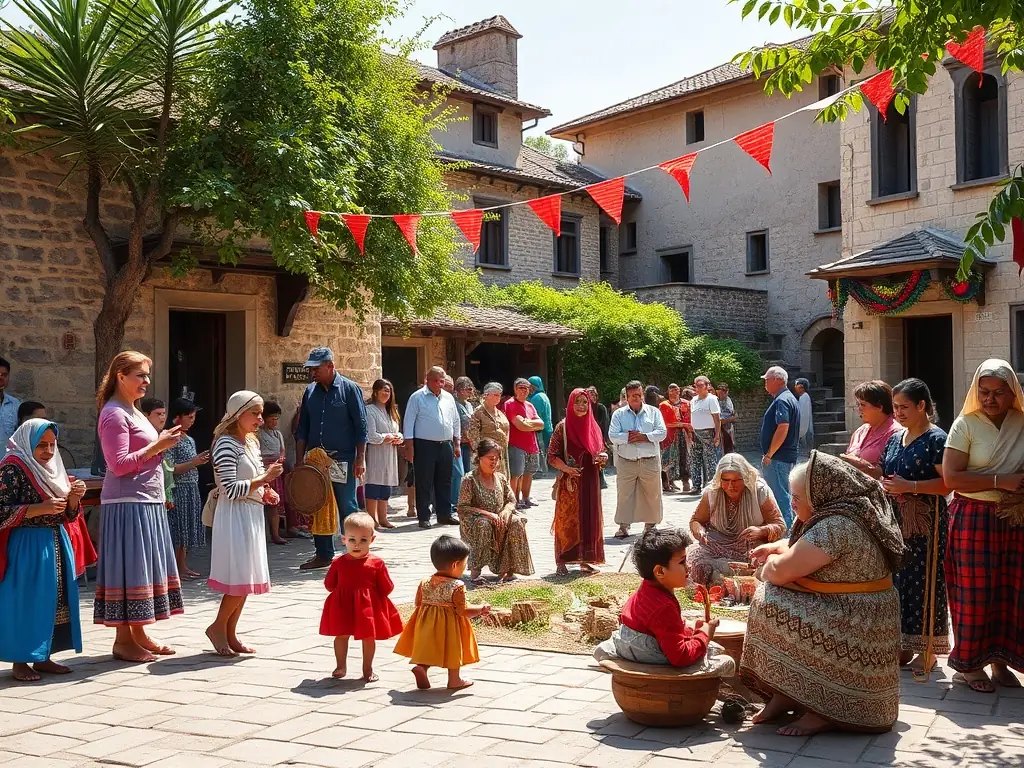 A photograph of a heritage day event in Masgot, showing villagers and visitors participating in traditional games and activities, celebrating the village's history and culture.