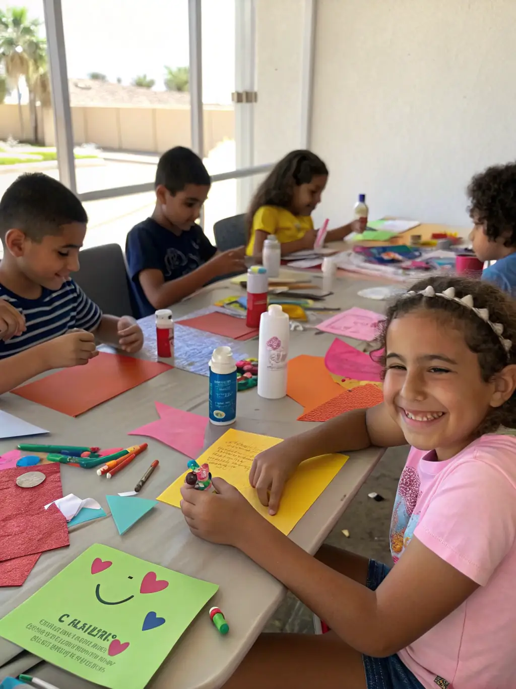 A photo capturing children participating in a heritage workshop, learning about traditional crafts and the history of Masgot.