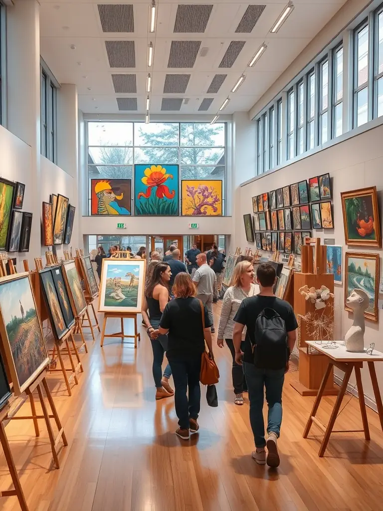 A vibrant image of an art exhibition held in the village of Masgot, featuring local artists and celebrating the region's cultural creativity.