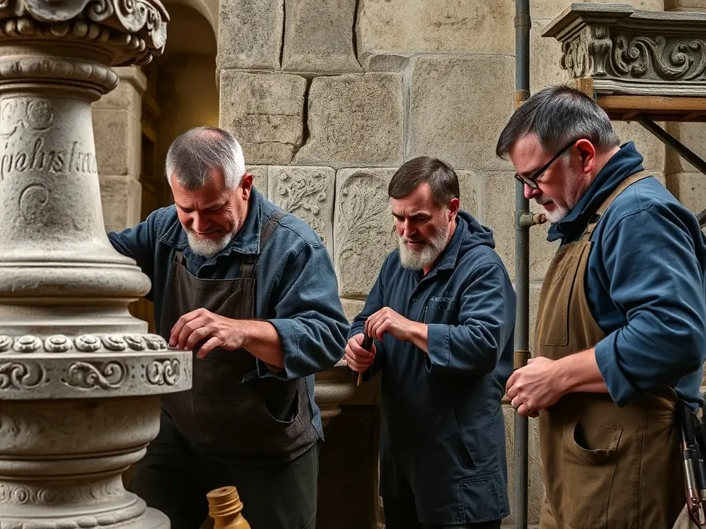 A photograph capturing a stonemason, François Michaud, demonstrating his craft to a group of villagers and tourists, showcasing the traditional techniques passed down through generations.
