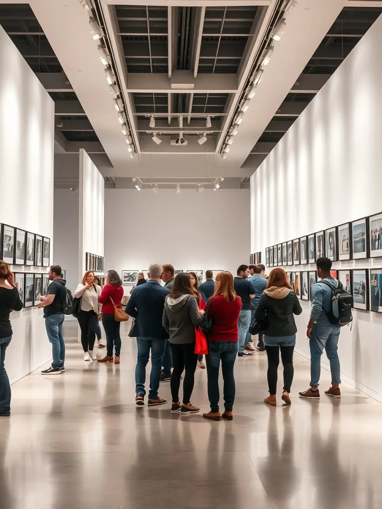 A photograph of an art exhibition showcasing the works of local artists, with visitors admiring the displays and engaging in conversation.