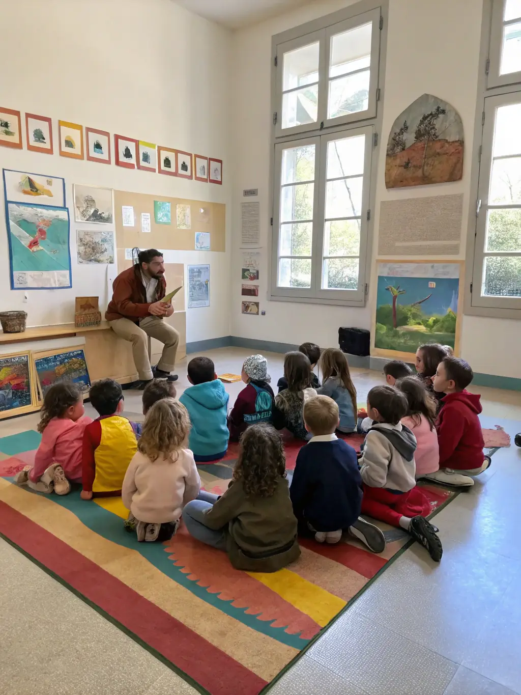 A photograph of children participating in a heritage workshop in Masgot, learning about local history and traditions from elders.