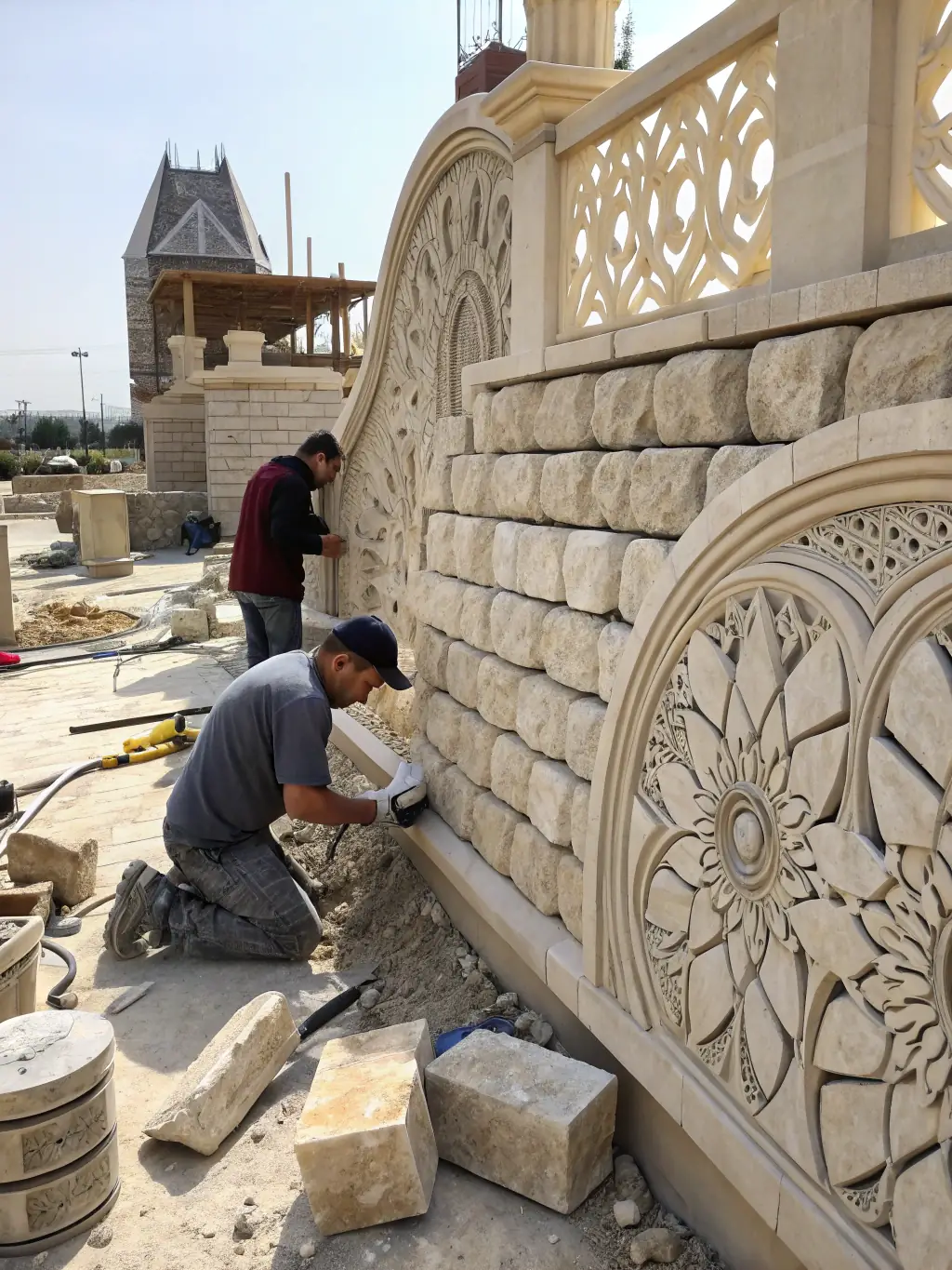 A vibrant photo capturing a stonemasonry demonstration during a heritage day event in Masgot, showcasing traditional techniques and tools.